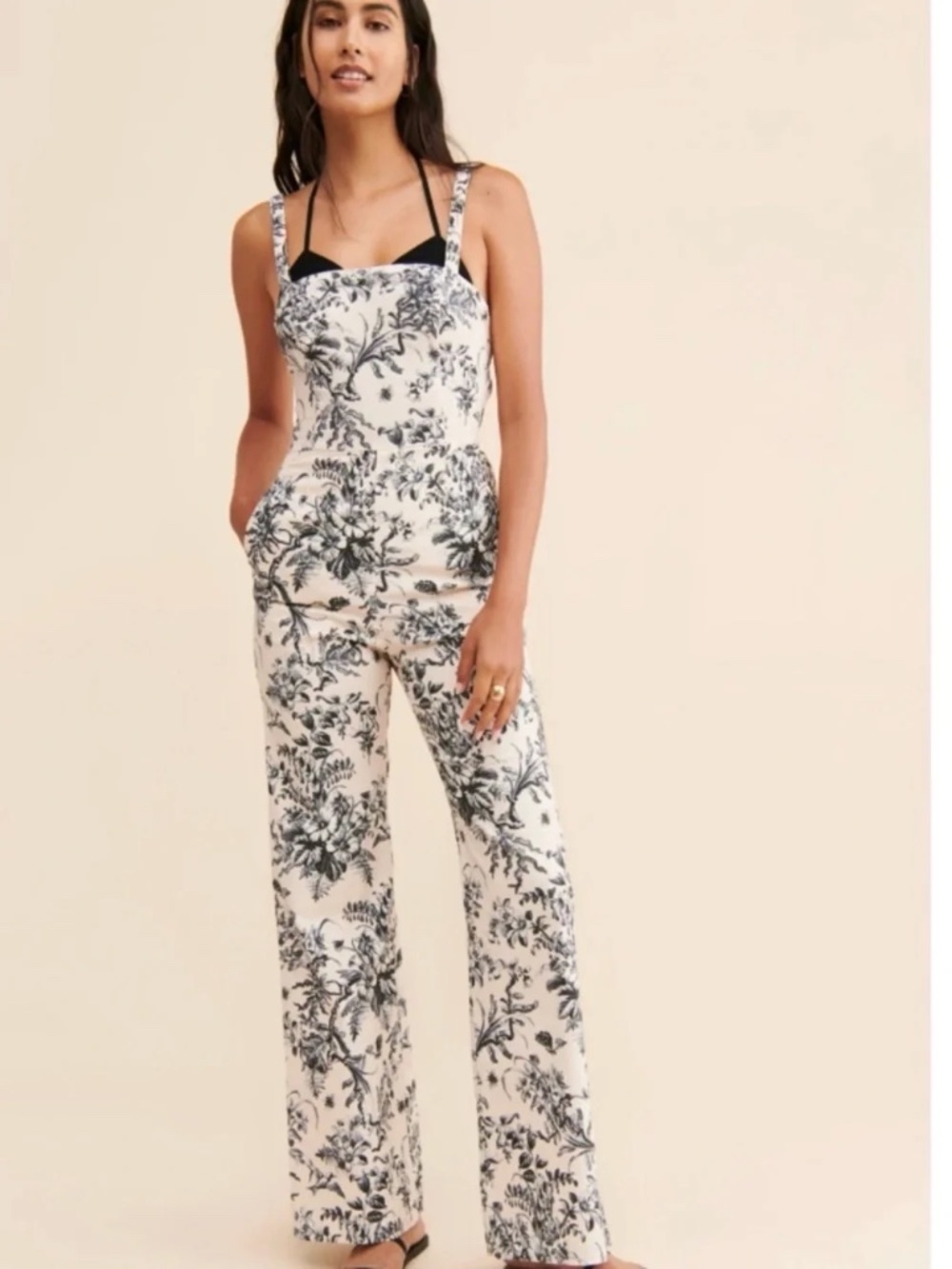 Anthropologie Cream and blue strappy Floral Jumpsuit